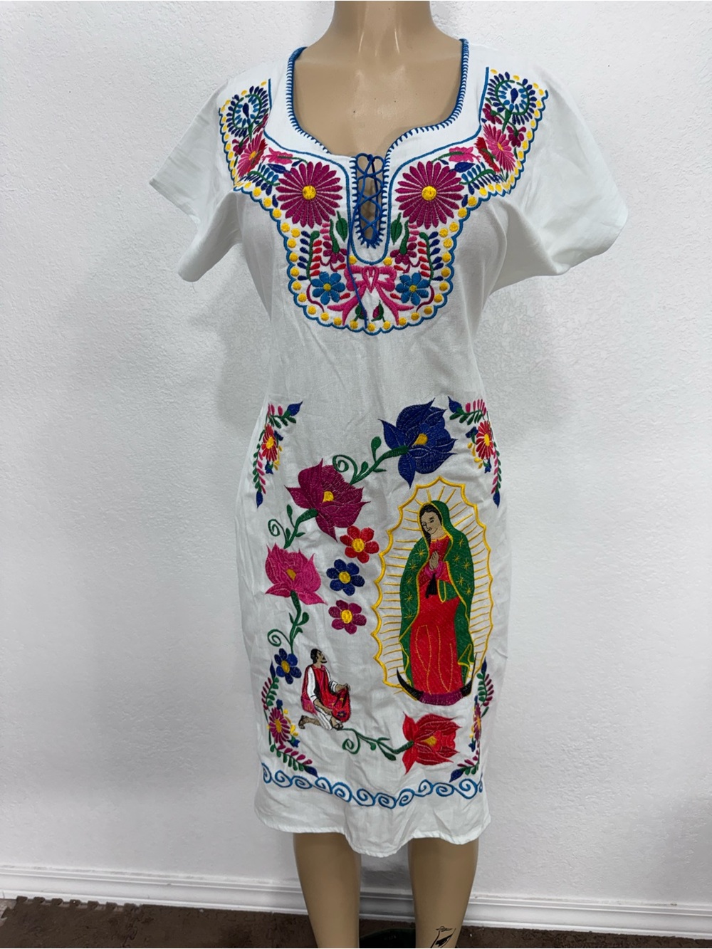 Handmade white our lady virgen Guadalupe tunic dress Membroidered Mexican new